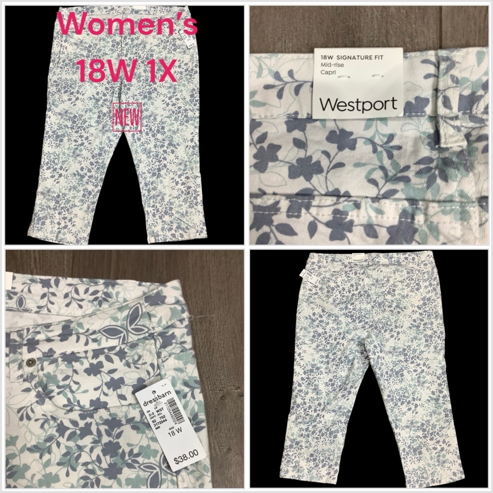 Womens Westport Dressbarn 18W Pants Capri Floral Mid Rise White Blue Stretch NWT